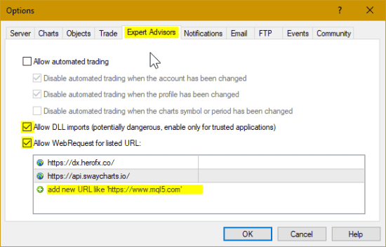 Checking allow DLL imports and allow WebRequests for listed URL in Expert Advisor Tab