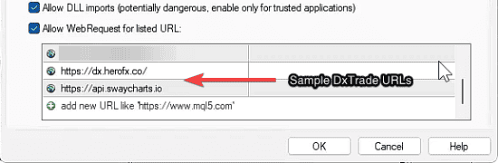 Manually adding DxTrade webplatform URL in Expert Advisor Tab