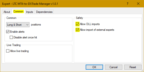 EA settings-Checking Allow DLL imports and import of external experts under Common tab